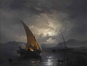 帆船夜景，篝火点点 作者 雷米纽斯·阿德里安·哈南（Remigius Adrianus Haanen）