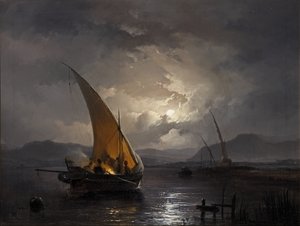 1860年后，一艘带帆船的夜景被点着火（布面油画） 作者 雷米格斯·范·哈嫩（Remigius van Haanen）
