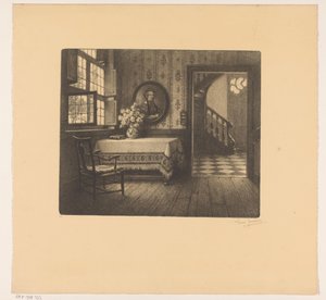 内部有肖像、桌子和走廊景观 作者 René Janssens（艺术家签名）