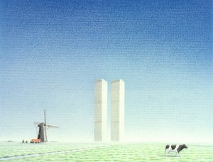 双子塔，2001 年，纸上彩色铅笔画