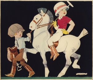 Boy on polo pony, being led by stable girl (colour litho) 作者 雷内·文森特