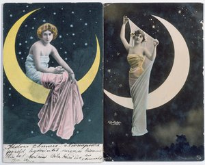 匈牙利语（在L.上）和法语（在R.上）明信片描绘一个女人和一个新月（c.1910）（彩色照片） 作者 罗伊特林根工作室