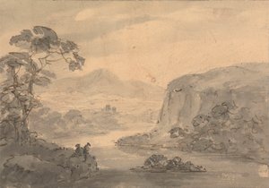 山地景观与两个人物俯瞰湖 作者 威廉·吉尔平牧师