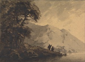 岸边有两个人影，背后有山峦升起 作者 Rev. William Gilpin