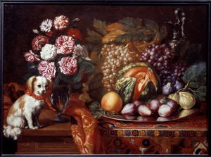 有矮猎犬的静物。Renaud Levieux dit Reynaud Le Vieux（约 1625-1690 年）的画作