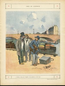 Ricardo Flores (1878-1918)在Le Rire, 05/10/12的插图 - Chez le coiffeur - 巴黎, Metiers, Architecture Urbanisme, Pont, Riviere Fleuve - 狗, 美发师 作者 里卡多·弗洛雷斯（Ricardo Flores）