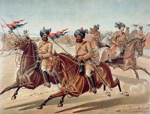 19世纪80年代英印军第10孟加拉兰开夏军的侦察兵（战地服务包）（彩色平印）。