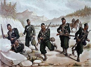 19世纪80年代英印军团的第三支廓尔喀部队正在进行战斗（彩色平版印刷）。