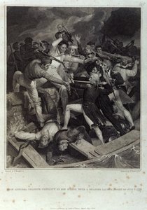 1797 年 7 月 3 日晚上，纳尔逊少将在驳船上与西班牙发射船发生冲突，A. 史密斯雕刻，Cadell & Davies 出版，1809 年 5 月（雕刻） 作者 理查德（继）韦斯托尔