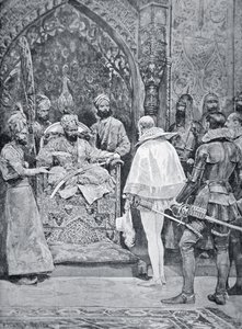 阿克巴大帝于 1599 年接见伊丽莎白女王的大使（石版画）