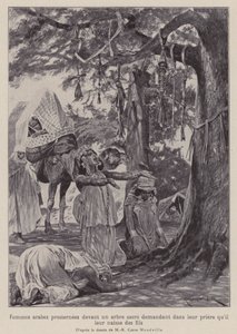 阿拉伯妇女在圣树前跪拜，祈求他们能得到孩子（石版画） 作者 理查德·卡顿二世（之后）伍德维尔