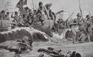 英军在阿布基尔湾面对法军炮台强行登陆（石版画） 作者 理查德·卡顿二世（之后）伍德维尔