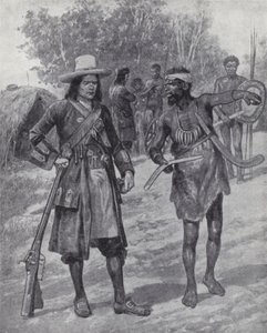 威廉·丹皮尔 (William Dampier) 在探索澳大利亚时与土著人在一起，17 世纪后期（石版画） 作者 理查德·卡顿二世（之后）伍德维尔