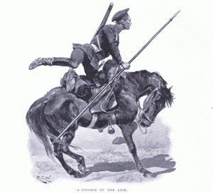 该线的哥萨克，插图来自日本战争第1卷，1900年的卡塞尔斯历史 作者 理查德·卡顿·伍德维尔