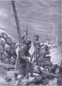 Chunchuses袭击铁路，插图来自日本战争的第1卷，c.1900Cassells的历史 作者 理查德·卡顿·伍德维尔