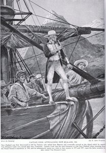 库克船长接近新西兰，插图来自&39;哈钦森的英国民族故事&39;，c.1923 作者 理查德·卡顿·伍德维尔