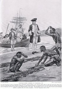 库克船长于1777年登陆塔斯马尼亚，插图来自&39;哈钦森的英国民族故事&39;，c.1923