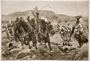 野战炮兵开始行动，插图来自&39;十九世纪的战役，卷。六：1899年至1900年的布尔战争&39;由阿奇博尔德福布斯，GA Henty和主要亚瑟格里菲斯 作者 理查德·卡顿·伍德维尔