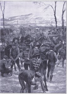 首尔的日本骑兵营地：工作中的蹄铁匠，插图来自卡塞尔斯日俄战争的历史第1卷，c.1900 作者 理查德·卡顿·伍德维尔