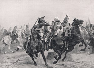 法国龙骑兵对拉尔夫·阿伯克龙比爵士的攻击，来自“英国陆地和海上战役”的插图，由卡塞尔出版，伦敦，c.1910 作者 理查德·卡顿·伍德维尔