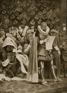 1603年7月25日詹姆斯一世与丹麦安妮加冕的尊敬，拉格斯和普拉尔赦免，来自“伦敦新闻画报”，1902年 作者 理查德·卡顿·伍德维尔