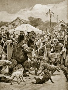 撒克逊时代的熊诱饵，来自&39;哈钦森的英国民族故事&39;的插图，c.1920 作者 理查德·卡顿·伍德维尔初级