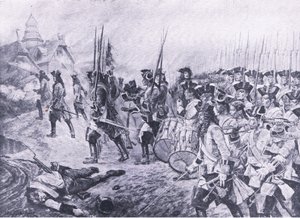 布伦海姆，1704年8月13日：村庄的风暴，1915年英国陆地和海上战役的插图 作者 Richard Caton Woodville junior