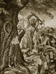 马拉奇在982年砍伐了明斯特加冕树，插图来自“哈钦森的英国民族故事”，c.1923 作者 理查德·卡顿·伍德维尔初级