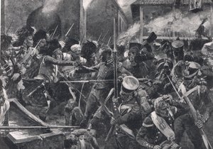 第42位高地人驾驶法国人离开Elvina，来自“英国陆地和海上战役”的插图，由伦敦卡塞尔出版，c.1910 作者 理查德·卡顿·伍德维尔初级