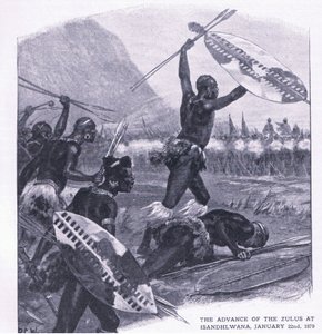 1879年1月22日在Isandhlwana的Zulus的前进，从陆地和海的英国战斗的例证，1915年