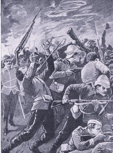 Rorkes漂移的防御，从陆地和海上的英国战斗的插图，1915年 作者 理查德·卡顿·伍德维尔初级