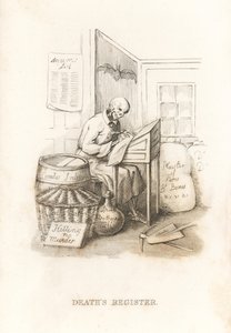 死神的骷髅和他的账本。1827年（雕刻）