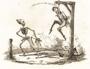 骷髅和挂在绞刑架上的男人的小插图，1827 年（雕刻）