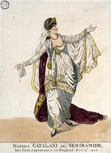 卡塔拉尼夫人在 "Semiramide "中，她在英国的首次亮相，1806年12月13日（彩色蚀刻画）。 作者 理查德·邓顿