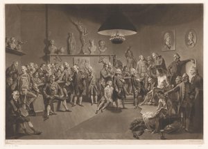 1768 年，皇家学院成员在室内与男性裸体模特合影