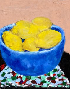 蓝色碗中的柠檬静物，2021 年（布面油画）