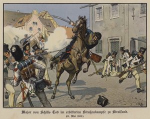 冯·席尔少校于 1809 年 5 月 31 日在施特拉尔松德的街头战斗中阵亡（彩色石版画）