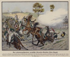 普鲁士奥古斯都亲王的掷弹兵营在普伦茨劳战役中，1806年10月28日（彩色平印）。