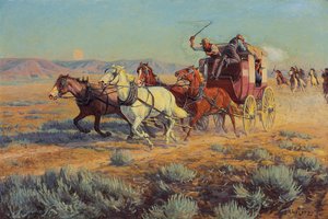 骑乘印第安人追逐的驿马车，1912年 作者 理查德·洛伦兹