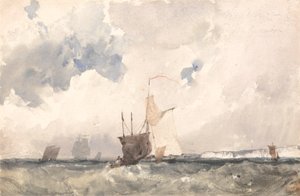 波涛汹涌的大海中的船只（在纸上划痕的水彩画） 作者 理查德·帕克斯·博宁顿