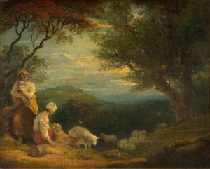 有女人、绵羊和狗的风景，1830年。 作者 理查德·韦斯特尔