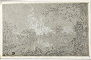 柴郡伊顿霍尔附近的迪河河岸，约 1759 年（蓝色纸上的黑白粉笔，放在卡片上） 作者 理查德·威尔逊