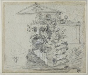 Il Mascherone，"博尔盖塞别墅地面上的罗卡尔喷泉，约 1754 年（黑色粉笔，用白色粉笔和石墨加高，蓝底纸，铺在卡片上） 作者 理查德·威尔逊