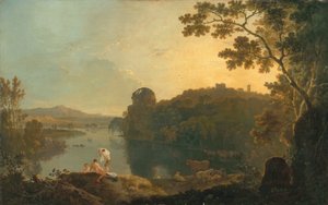 河流场景：沐浴者和牛，c.1763-65（布面油画） 作者 理查德·威尔逊