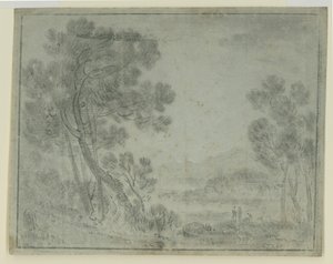 意大利风景（黑色粉笔在纸上） 作者 理查德·威尔逊