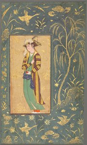抱着石榴的青年，单页插图，约1600-1650年。 作者 里扎·伊·阿巴斯（Riza yi Abbasi）