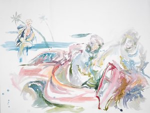 电视明星，外壳几乎破裂，红色跑车被裁剪，2023 年（水彩画）