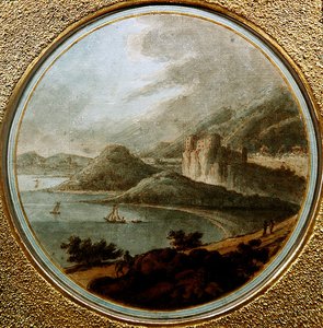 海湾上的城堡和船只，约1775年（纸上水彩笔墨）。 作者 罗伯特（收件人）亚当