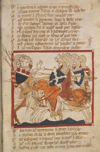 Egerton 3028 f.98 他们击败了派来接应他们的撒拉逊人，插图选自 "Roman de Brut, a verse epitome with continuation to Edward III; La Destruction de Rome; Fierabras"（牛皮纸上的墨水和彩色）。 作者 罗伯特（c.1110 74）韦斯