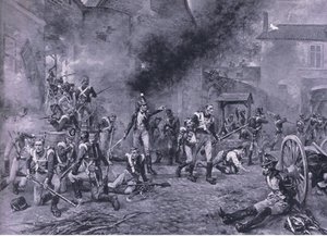 1815年6月18日Hougoumont的防御，1915年英国陆地和海上战役的插图